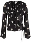 Reformation Kilah Polka Dot Silk-georgette Wrap Blouse In Black