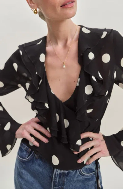 REFORMATION REFORMATION KILAH RUFFLE NECK POLKA DOT WRAP TOP