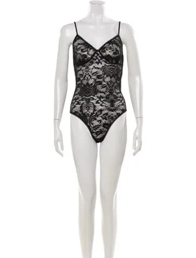 Pre-owned Reformation Lace Pattern V-neck Bodysuit In Black