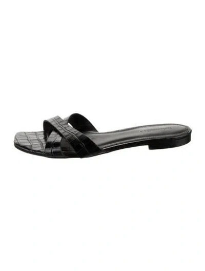 Pre-owned Reformation Leather Animal Print Slides In Black