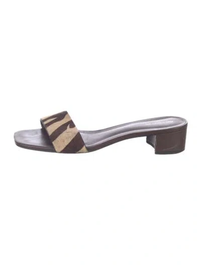 Pre-owned Reformation Leather Animal Print Slides In Brown