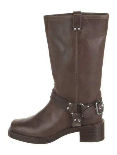 Pre-owned Reformation Leather Studded Accents Moto Boots In Brown