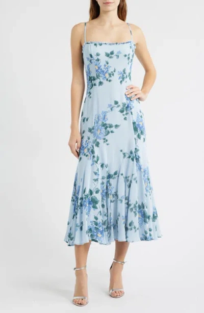 Reformation Lilibet Floral Ruffle Trim Midi Dress In Blue