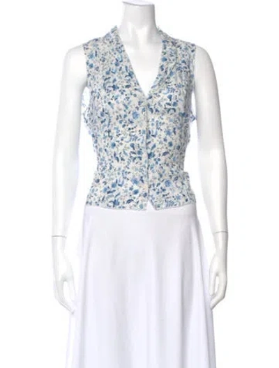 Pre-owned Reformation Linen Floral Print Blouse In Blue