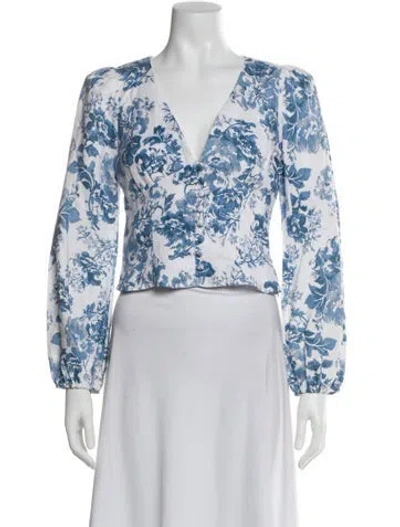 Pre-owned Reformation Linen Floral Print Blouse In Blue