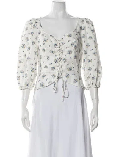 Pre-owned Reformation Linen Floral Print Blouse In White