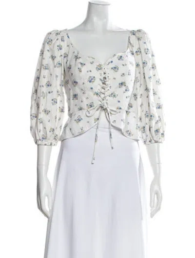 Pre-owned Reformation Linen Floral Print Blouse In White
