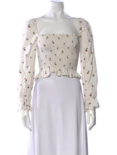 Pre-owned Reformation Linen Floral Print Blouse In White
