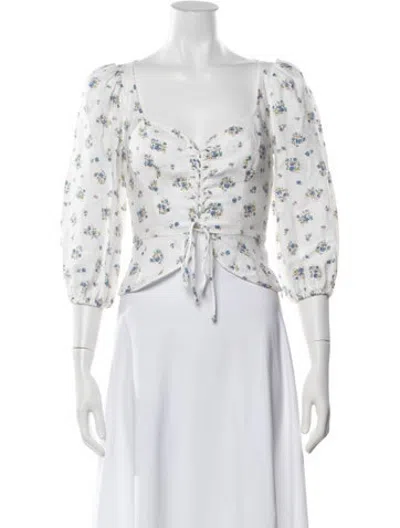 Pre-owned Reformation Linen Floral Print Blouse In White