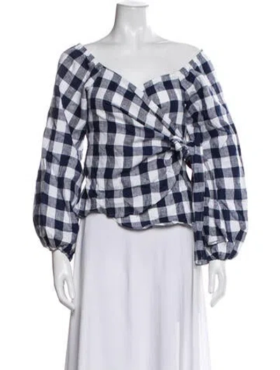 Pre-owned Reformation Linen Plaid Print Blouse In Blue