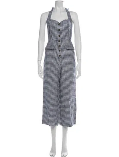Pre-owned Reformation Linen Plaid Print Jumpsuit In Blue