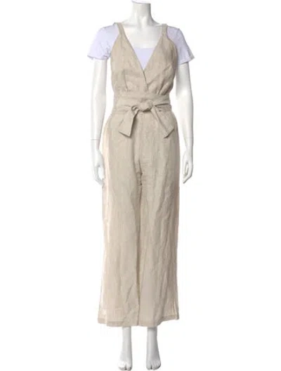 Pre-owned Reformation Linen Plunge Neckline Jumpsuit In Neutral