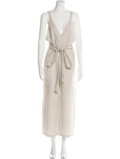 Pre-owned Reformation Linen Plunge Neckline Jumpsuit In Neutral