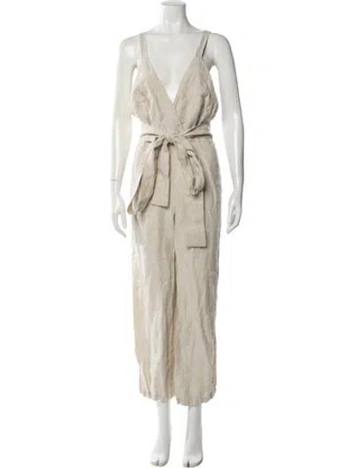 Pre-owned Reformation Linen Plunge Neckline Jumpsuit In Neutral