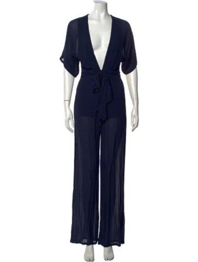 Pre-owned Reformation Linen V-neck Jumpsuit In Blue