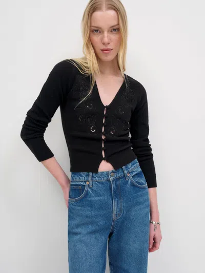 Reformation Lowen Regenerative Wool Embroidered Cardigan Black Xs