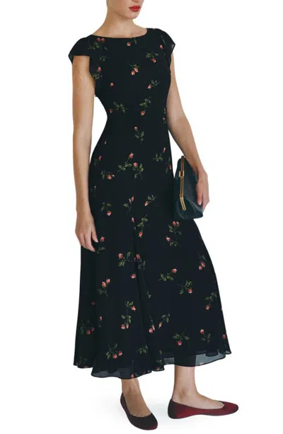 Reformation Maelani Print Flutter Sleeve Maxi Dress In Black