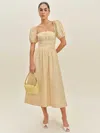 Reformation Marella Puff Sleeve Gingham Linen Midi Sundress In Sunshine Check