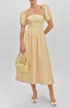 Reformation Marella Puff Sleeve Gingham Linen Midi Sundress