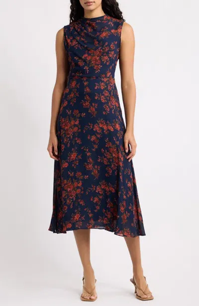 Reformation Marlette Floral Drape Bodice Dress In Blue