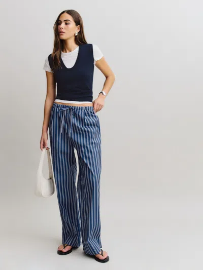 Reformation Micah Poplin Pant In French Blue Stripe