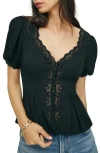 Reformation Minette Lace Puff Sleeve Top In Black