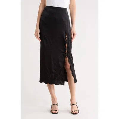 Reformation Mira Lace Trim Silk Midi Skirt In Black