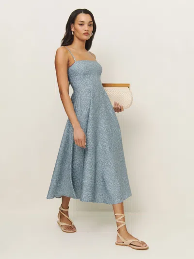 Reformation Monette Linen Dress In Sky Dot