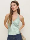 Reformation Monica Silk Top In Sea Glass