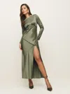 Reformation Naila Satin Dress In Aloe Vera