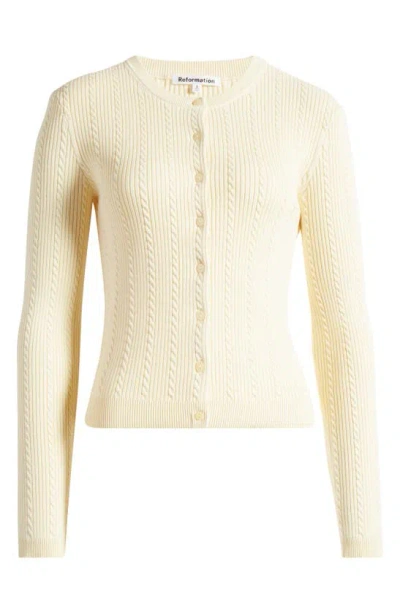 Reformation Natalie Cable Stitch Cardigan Sweater In Lemon Icing