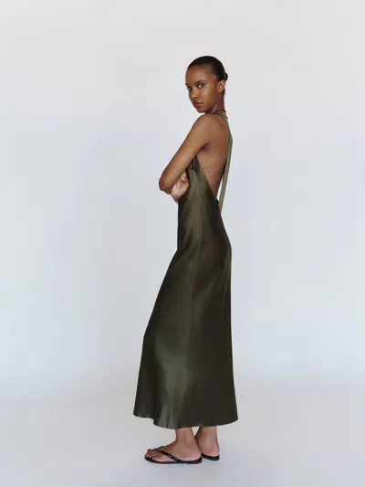 Reformation Noe Silk Dress Green Xs In Black