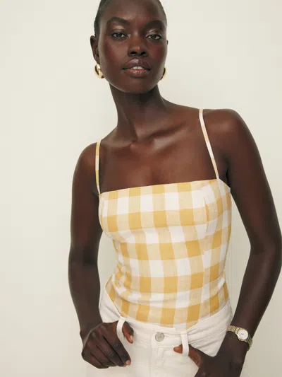 Reformation Overland Linen Top In Dandelion Check