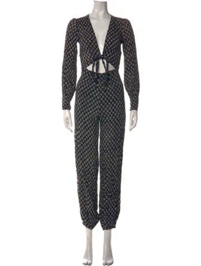 Pre-owned Reformation Patterned V-neck Jumpsuit In Blue