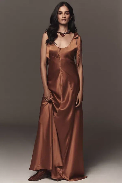 Reformation Pernille Tie-strap Silk Maxi Dress In Brown