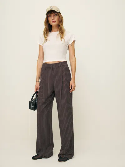 Reformation Petites Alex Mid Rise Pant In Chocolate Stripe