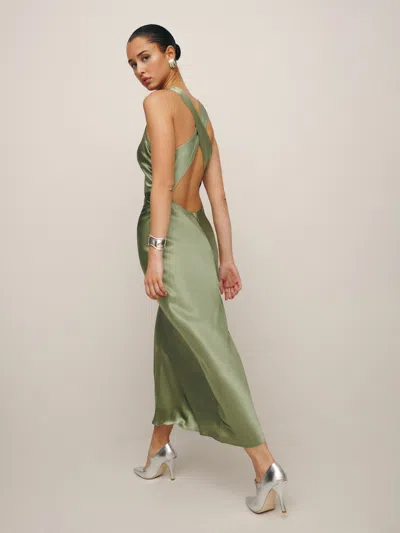 Reformation Petites Casette Silk Dress In Artichoke