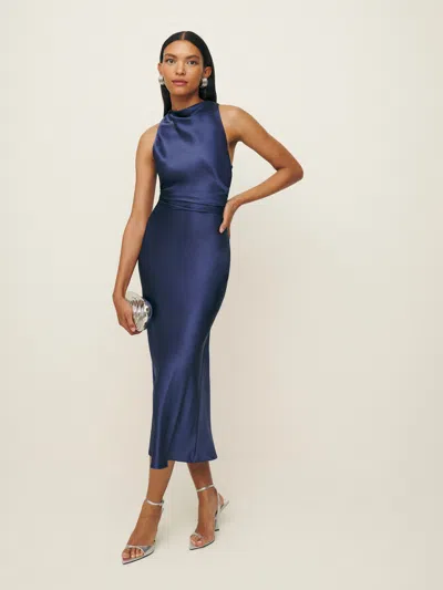Reformation Petites Casette Silk Dress In Blue Iris