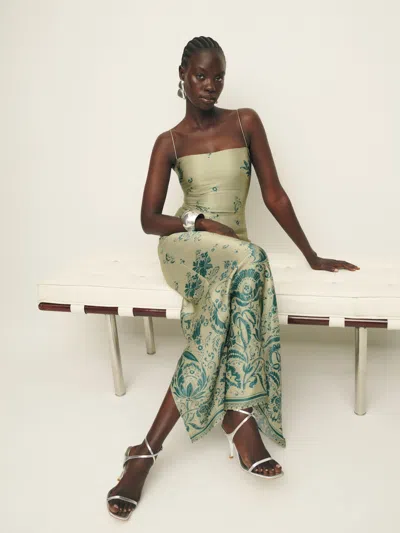 Reformation Petites Frankie Silk Dress In Sage Border