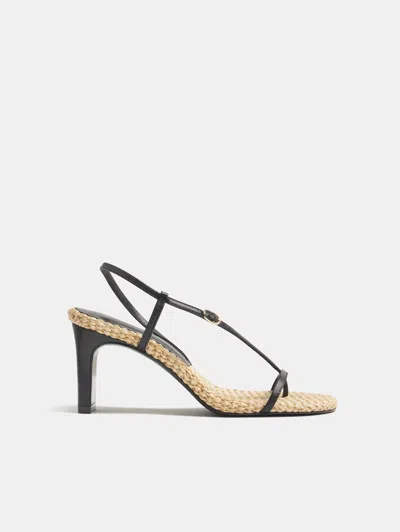 Reformation Pina Heeled Sandal Black Leather Natural Raffia 9.5 In Multi