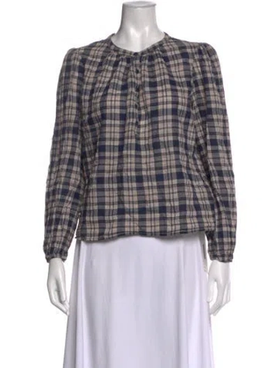 Pre-owned Reformation Plaid Print Crew Neck Blouse In Blue