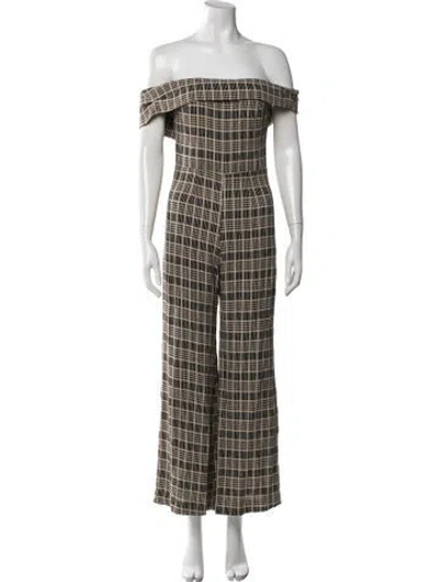 Pre-owned Reformation Plaid Print Off-the-shoulder Jumpsuit In Black/neutrals