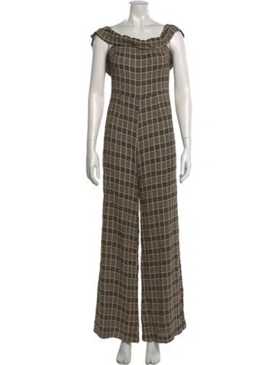 Pre-owned Reformation Plaid Print Off-the-shoulder Jumpsuit In Neutrals