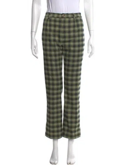 Pre-owned Reformation Plaid Print Straight Leg Pants In Green