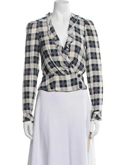 Pre-owned Reformation Plaid Print V-neck Blouse W/ Tags In Blue