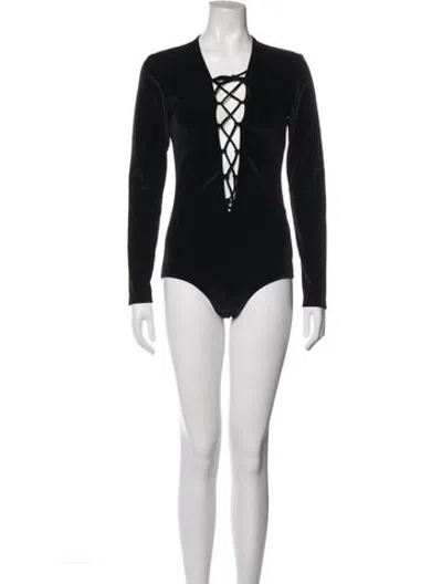 Pre-owned Reformation Plunge Neckline Long Sleeve Bodysuit In Black