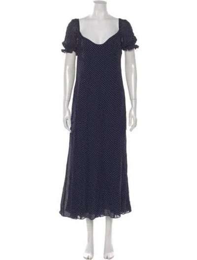 Pre-owned Reformation Polka Dot Print Long Dress In Blue