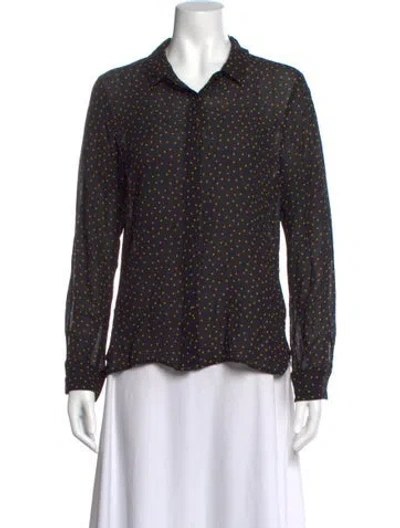 Pre-owned Reformation Polka Dot Print Long Sleeve Blouse In Black