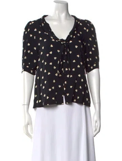 Pre-owned Reformation Polka Dot Print Tie Neck Blouse In Black