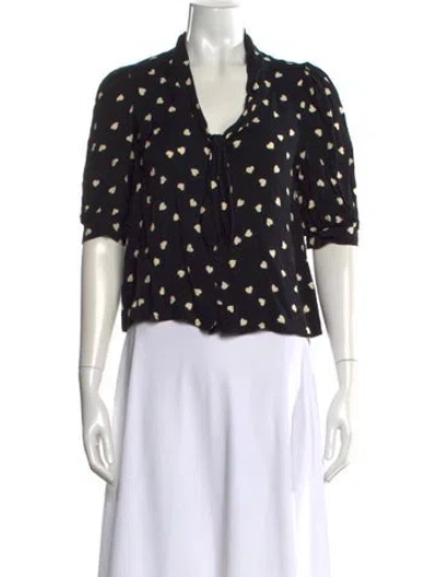 Pre-owned Reformation Polka Dot Print Tie Neck Blouse In Black